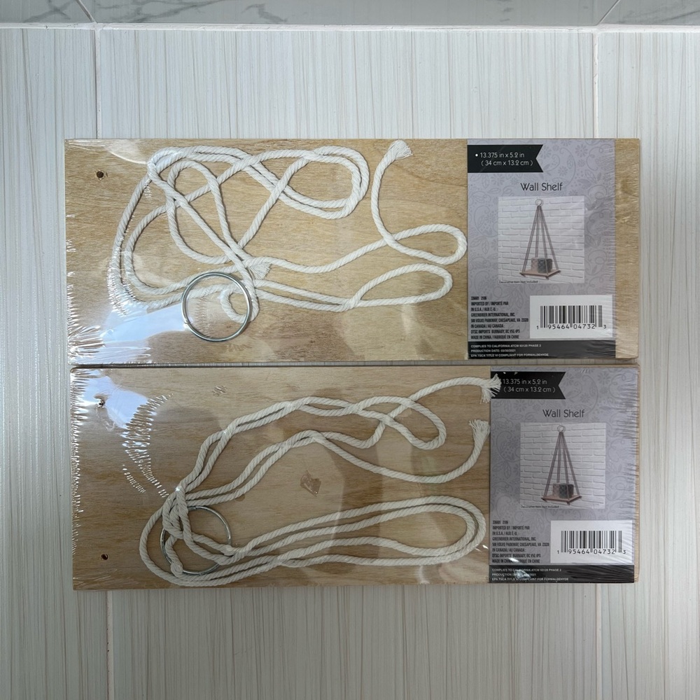 NWT Wooden Wall Shelf with Rope (Pack of 2)